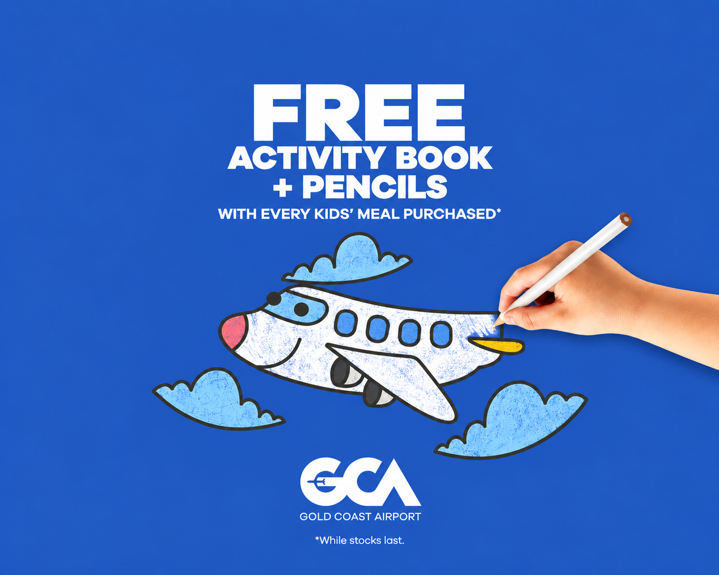 Promotional graphic for a free kids’ activity book and pencils with every kids’ meal purchased at Gold Coast Airport, featuring an illustrated aeroplane being coloured in.