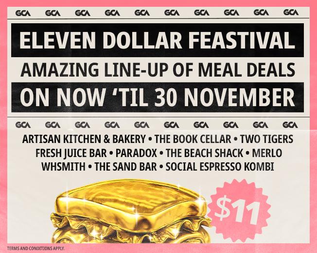 Feastival – an Eleven Dollar Feastival poster highlighting the tasty dining options you can enjoy with meal deals at Gold Coast Airport.