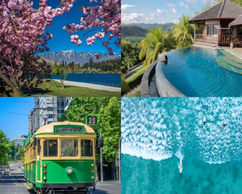 Four-image collage showing Queenstown scenery, a luxury pool villa in Bali, a Melbourne tram, and surfers in the ocean in Honolulu.