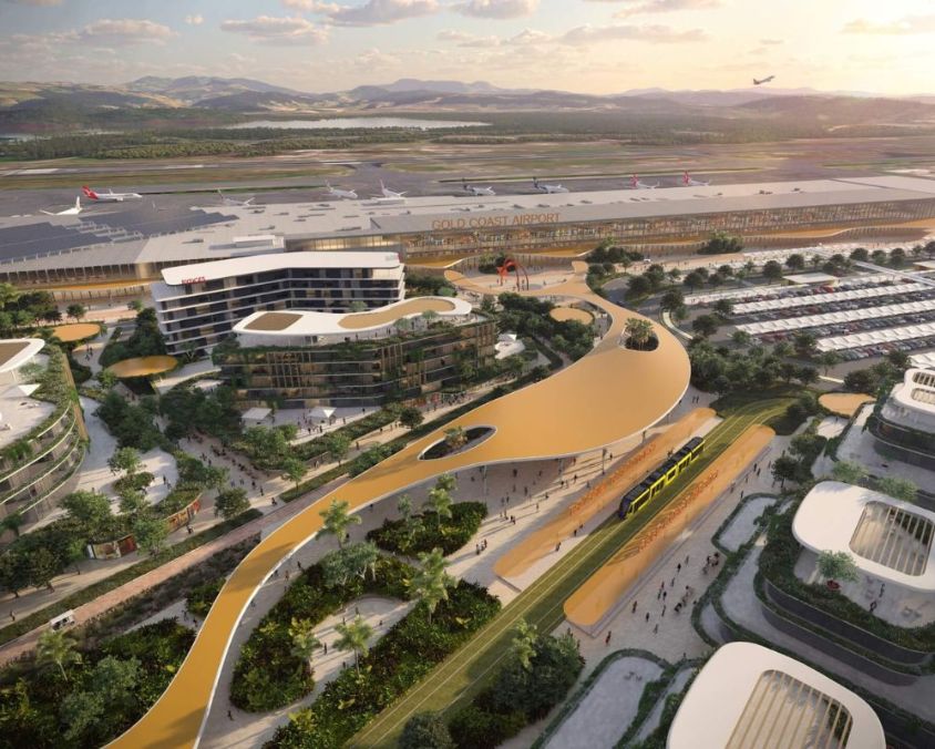 An artist’s impression of Gold Coast Airport’s future precinct, showcasing modern terminal buildings, landscaped walkways, transport infrastructure, and surrounding runways with aircraft in the distance.