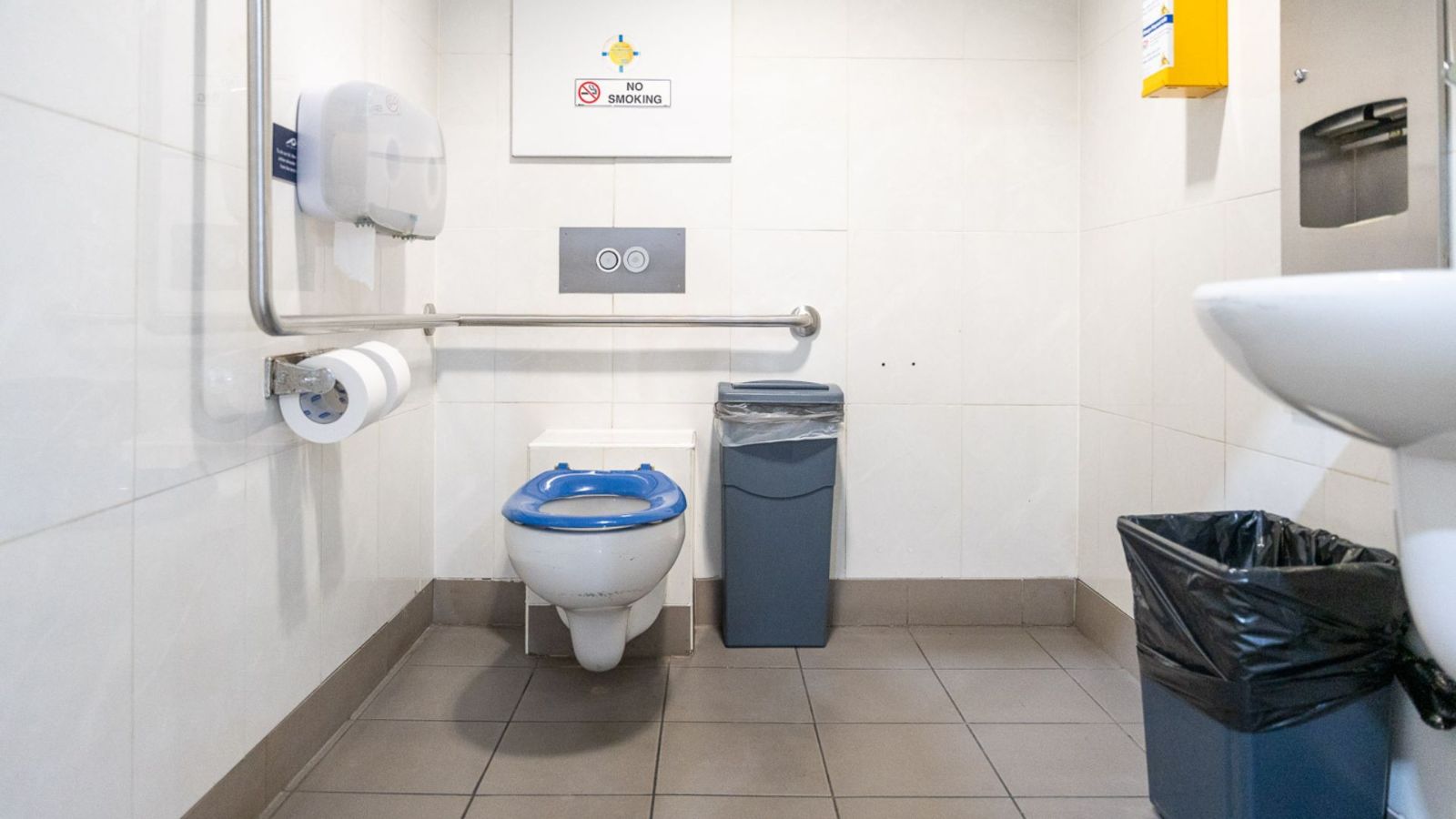 An accessible toilet in a public restroom, featuring grab rails, a wall-mounted toilet with a blue seat cover, toilet paper dispenser, waste bins, and a sink. The space is clean and designed for ease of use.