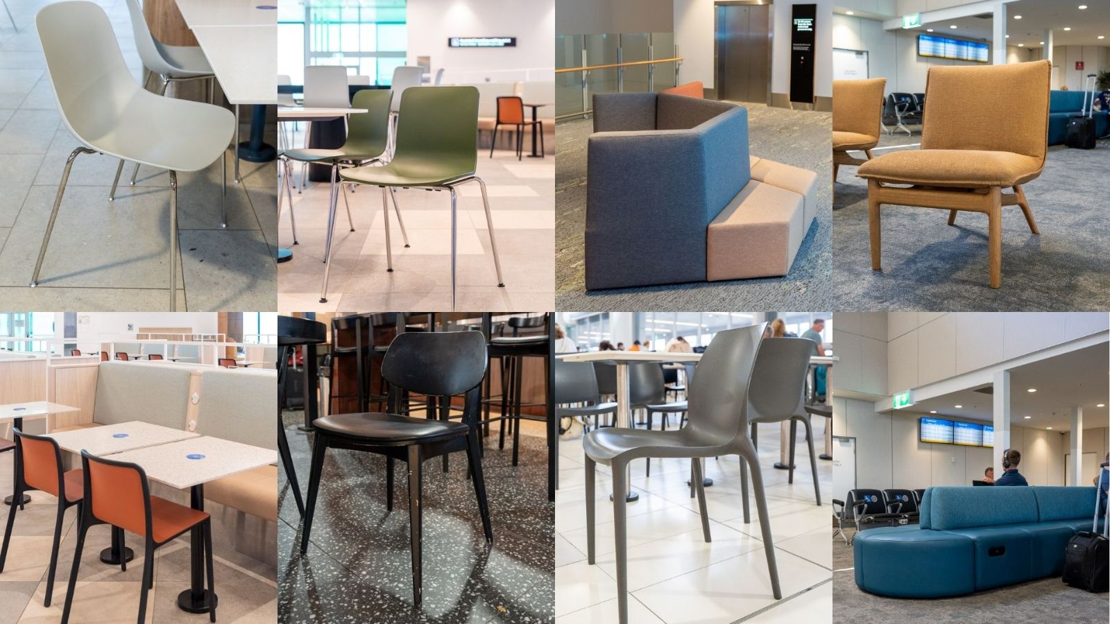 A collage of various seating options available at an airport, including dining chairs, cushioned lounge seats, and bench seating in a range of styles, colours, and materials, offering comfort and choice for different passenger needs.