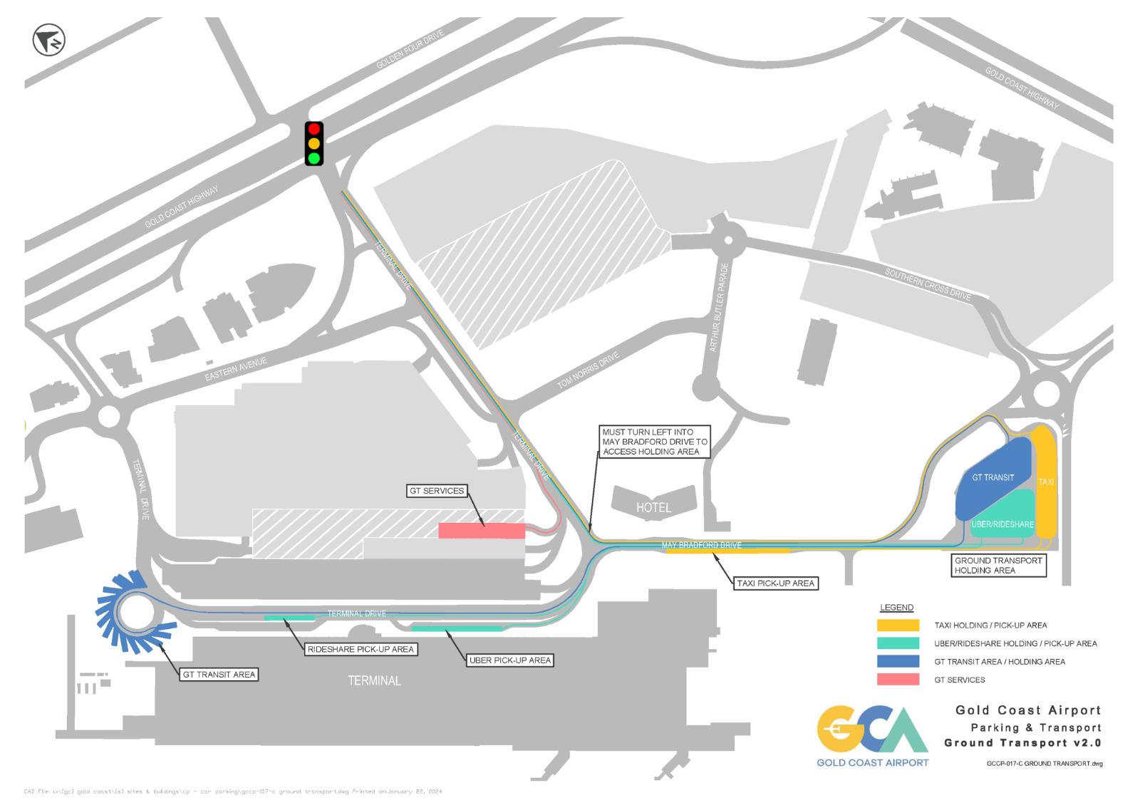 Ground Transport map of Gold Cast Airport highlighting drop off areas for delivery.