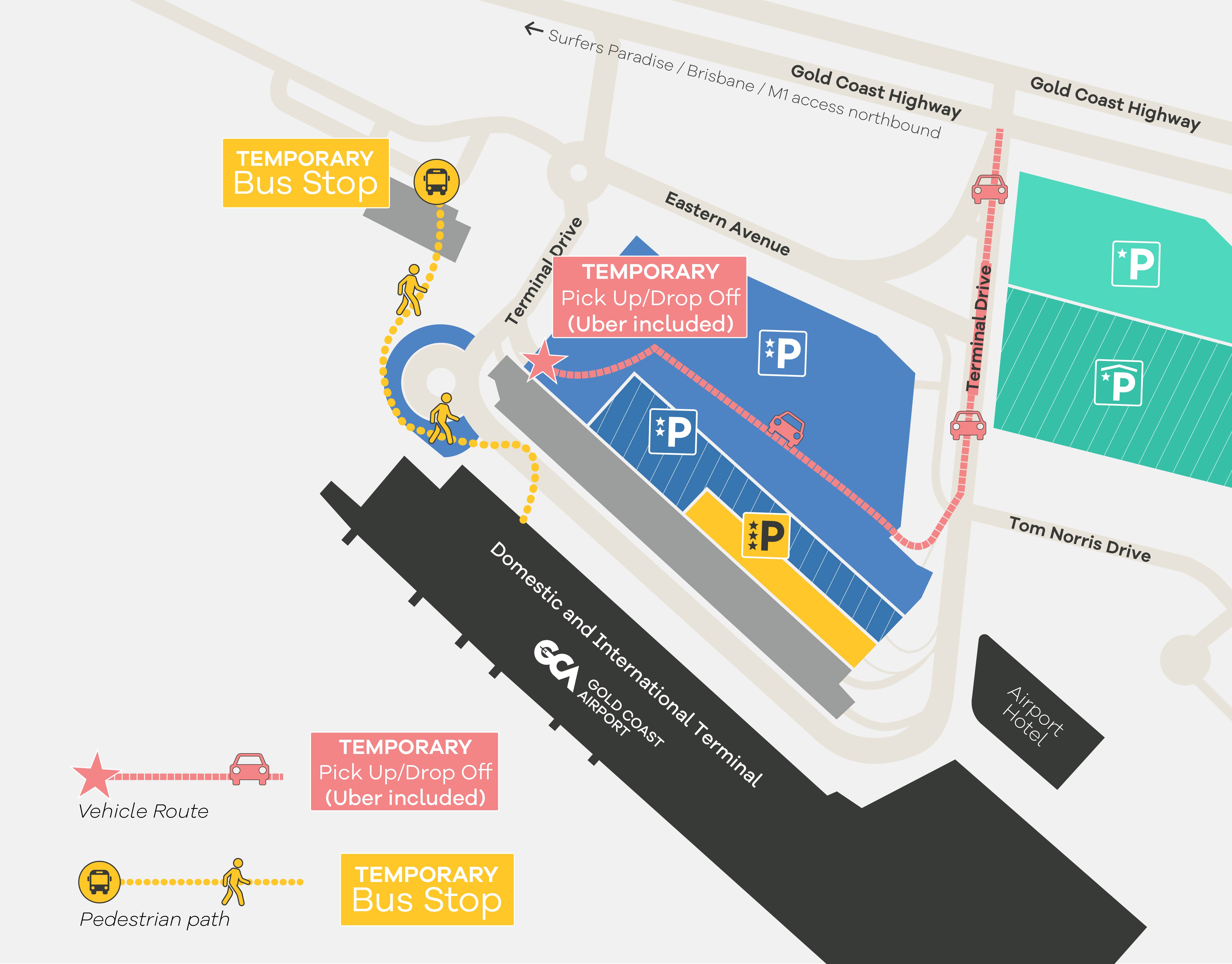 Map of Gold Coast Airport showing the temporary pick-up and drop-off area, including Uber, and the temporary bus stop during construction. Pink dashed lines indicate the vehicle route via Terminal Drive, while yellow dotted lines show the pedestrian path between the terminal and temporary bus stop.
